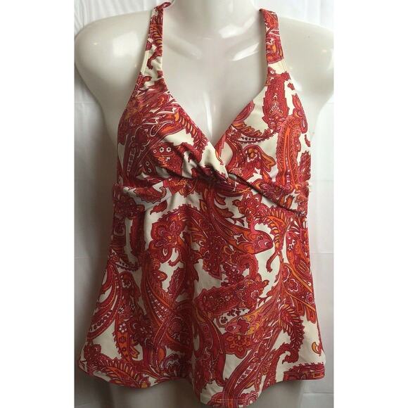 Chaps Tankini Top Women 8 Red Floral Halter Twist Front Padded Stretch Swimwear - Picture 1 of 12